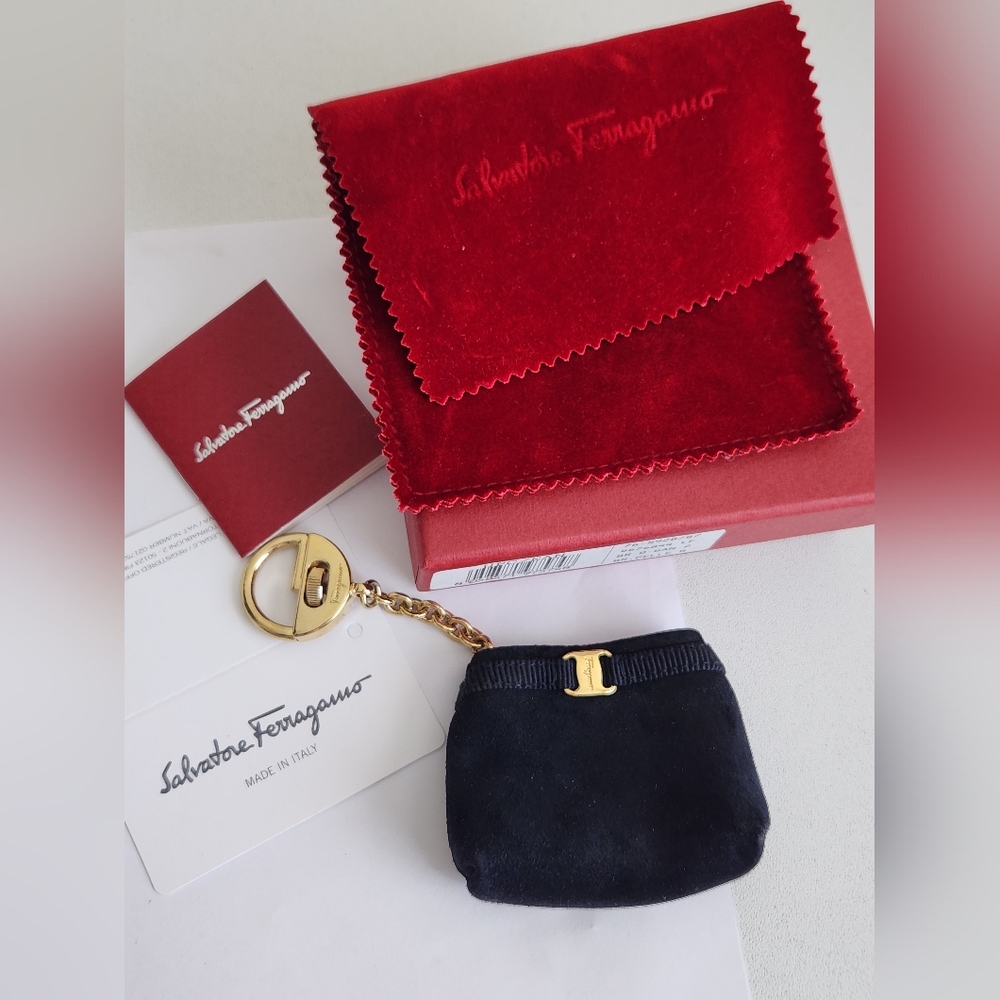 Salvatore Ferragamo Vara Black Suede Mini Pouch Key Chain Bag Charm
